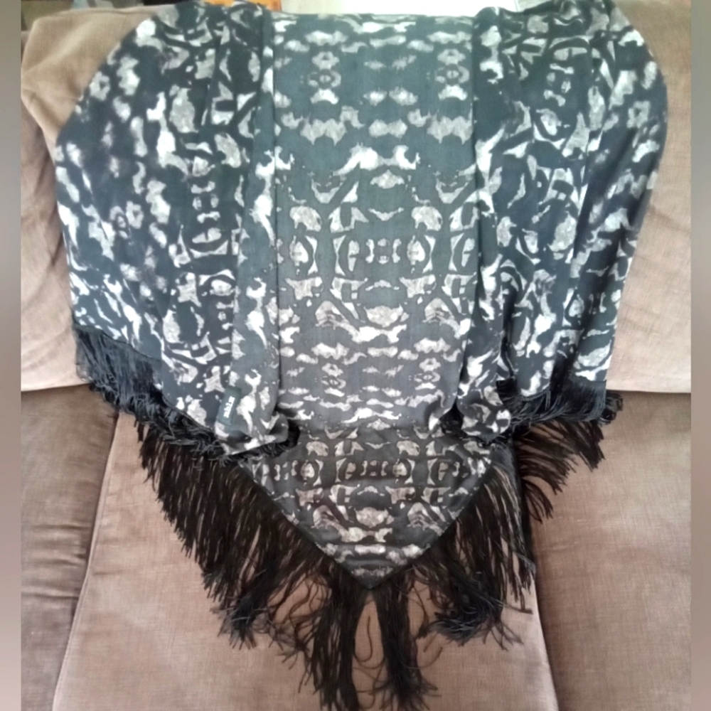 MBLM Black Gray Taupe Fringed Shawl